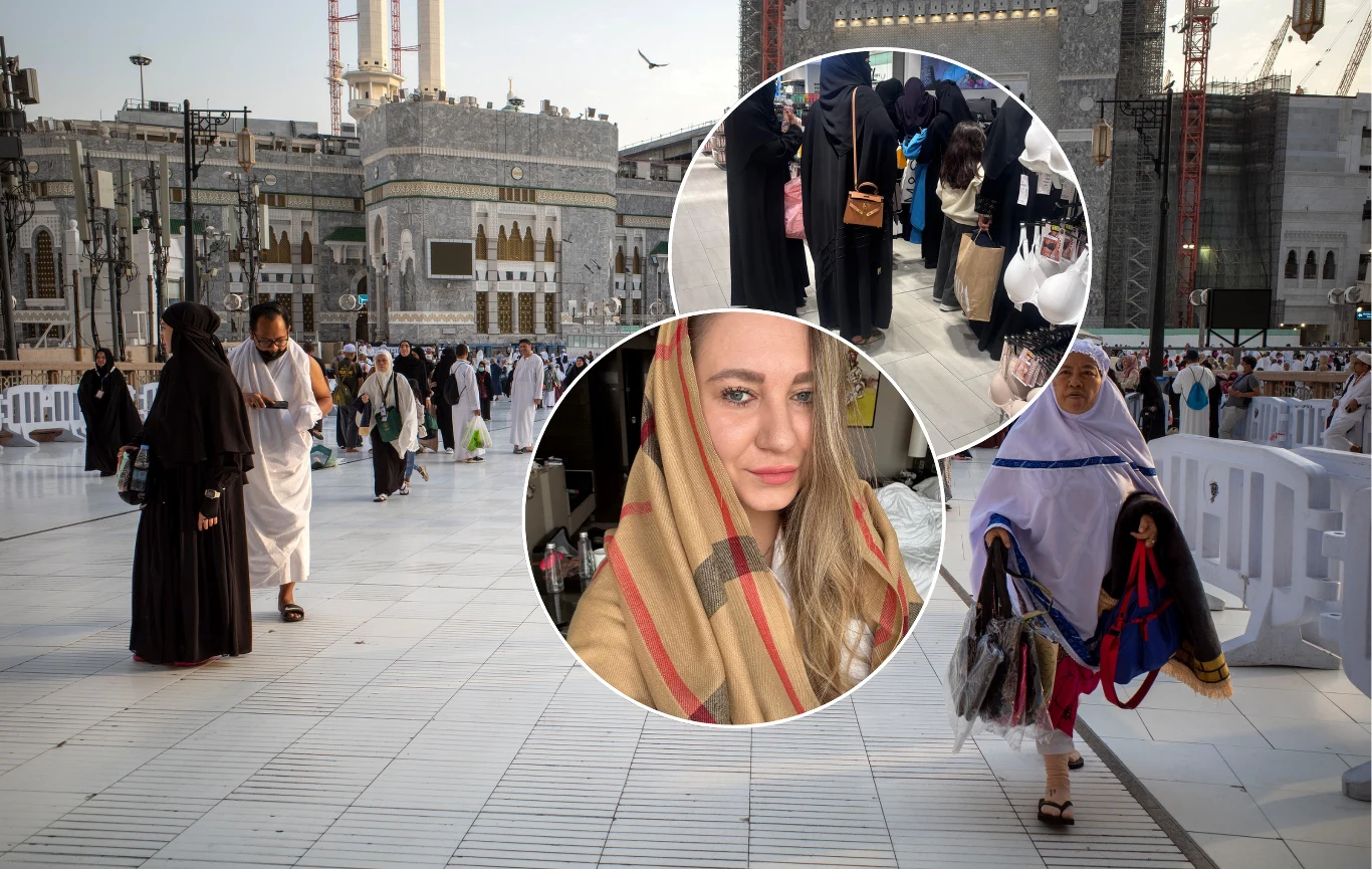 Plac przed świątynią z ludźmi ubranymi w tradycyjne islamskie stroje, na pierwszym planie kobieta z jasnymi włosami owinięta szalem w kratę, w górnych okręgach scena grupy kobiet w czarnych abajach oraz mężczyzna z bagażem.