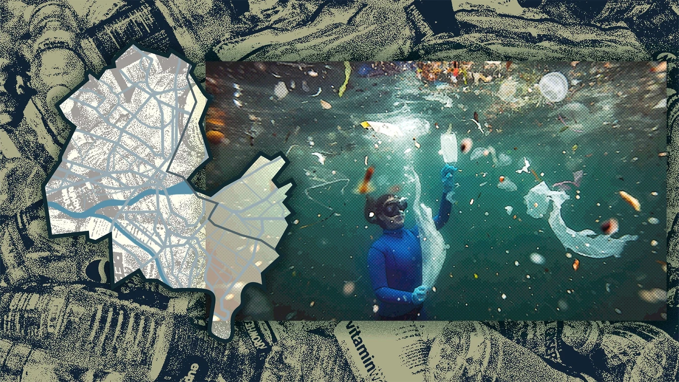 W Genewie (na grafice widoczny obrys tego miasta) światowe delegacje debatują, jak ograniczyć zalew plastiku. Grafika: Aleksandra Włodarczyk Nurek w masce płynie pod wodą wśród dużej ilości plastikowych odpadów, worków i butelek unoszących się w wodzie, po lewej stronie widoczna mapa miasta, tło stanowią grafiki nawiązujące do problemu śmieci.