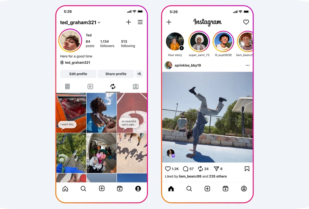 Widok dwóch ekranów smartfona prezentujących interfejs aplikacji Instagram z profilem użytkownika, siatką jego zdjęć oraz relacją znajomego pokazującego osobę wykonującą akrobację.