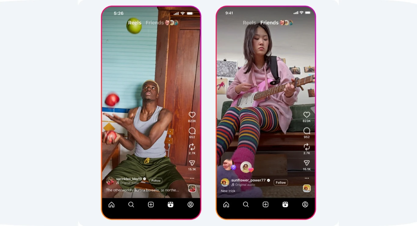 Dwa smartfony z włączonymi aplikacjami społecznościowymi, na ekranach widoczne są krótkie filmy – na jednym osoba żongluje piłkami, na drugim dziewczyna siedząca na łóżku gra na gitarze.