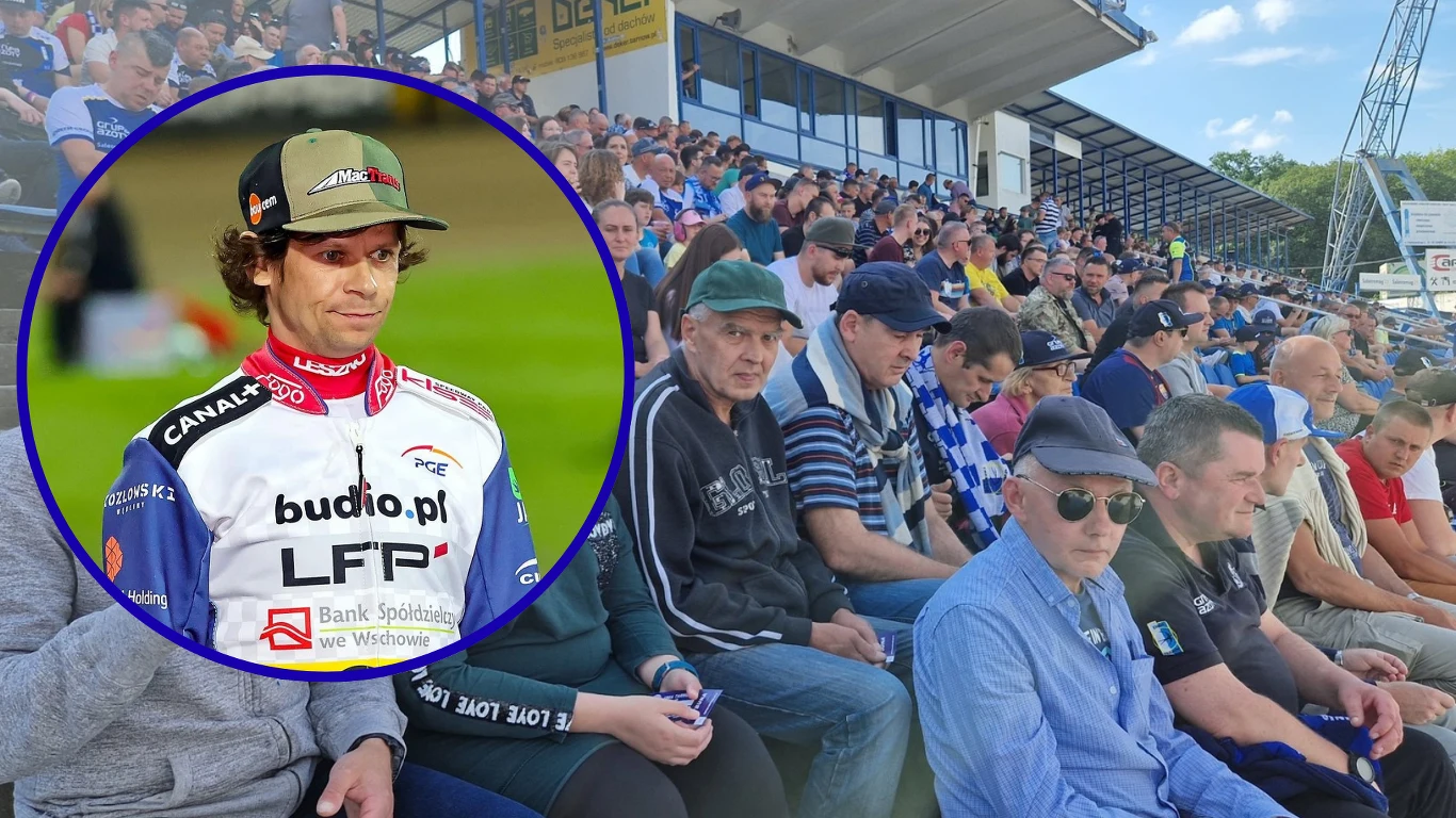 Janusz Kołodziej o przykrej sytuacji Unii Tarnów Tłum kibiców siedzących na trybunach stadionu żużlowego oraz wstawka z zawodnikiem żużla w stroju klubowym na tle zielonego toru.