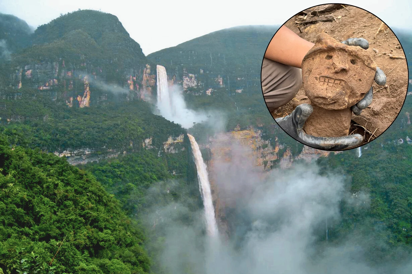 W Peru odkryto relikty powiązane z tajemniczą kulturą Chachapoyas - "ludźmi z chmur". Wodospad opadający ze stromych zboczy otoczonych bujną zielenią, a w okrągłym kadrze na pierwszym planie wyeksponowana gliniana figurka przedstawiająca ludzką twarz, trzymana przez rękę w rękawiczkach.