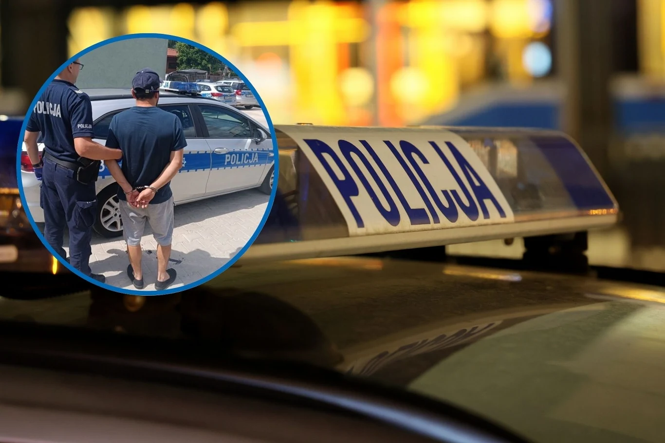 Jechał rowerem po A2. Policja okazała się bezwzględna Radiowóz policyjny z widocznym napisem POLICJA, na tle którego w okrągłym zbliżeniu policjant prowadzi osobę w kajdankach do policyjnego samochodu.