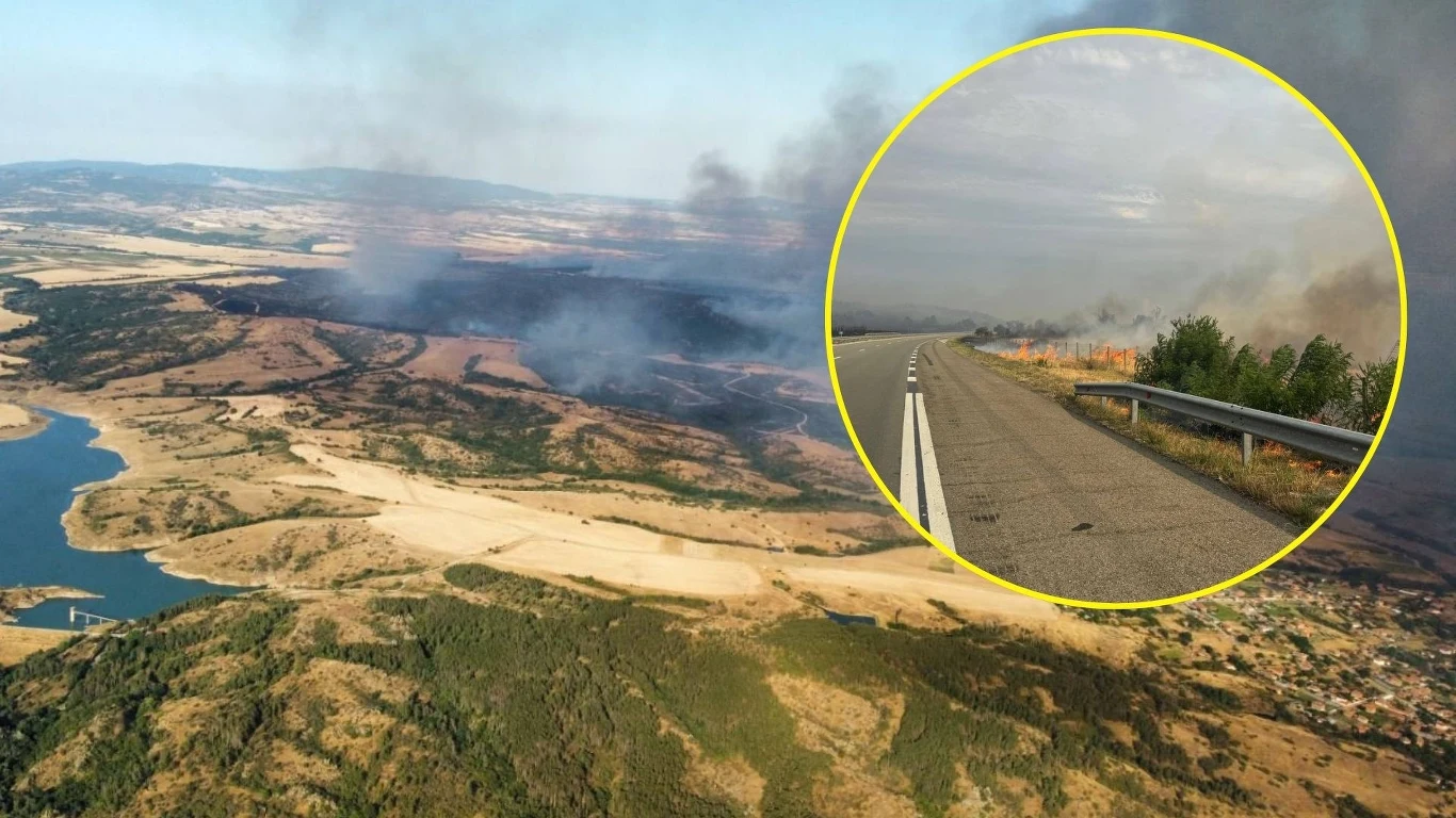 Pożar w Bułgarii w regionie gór Skalar Szerokie ujęcie spalonych i dymiących terenów leśnych oraz pól, z widocznym jeziorem po lewej stronie, w okrągłej ramce zbliżenie na pobocze drogi przylegające do płonącego lasu.