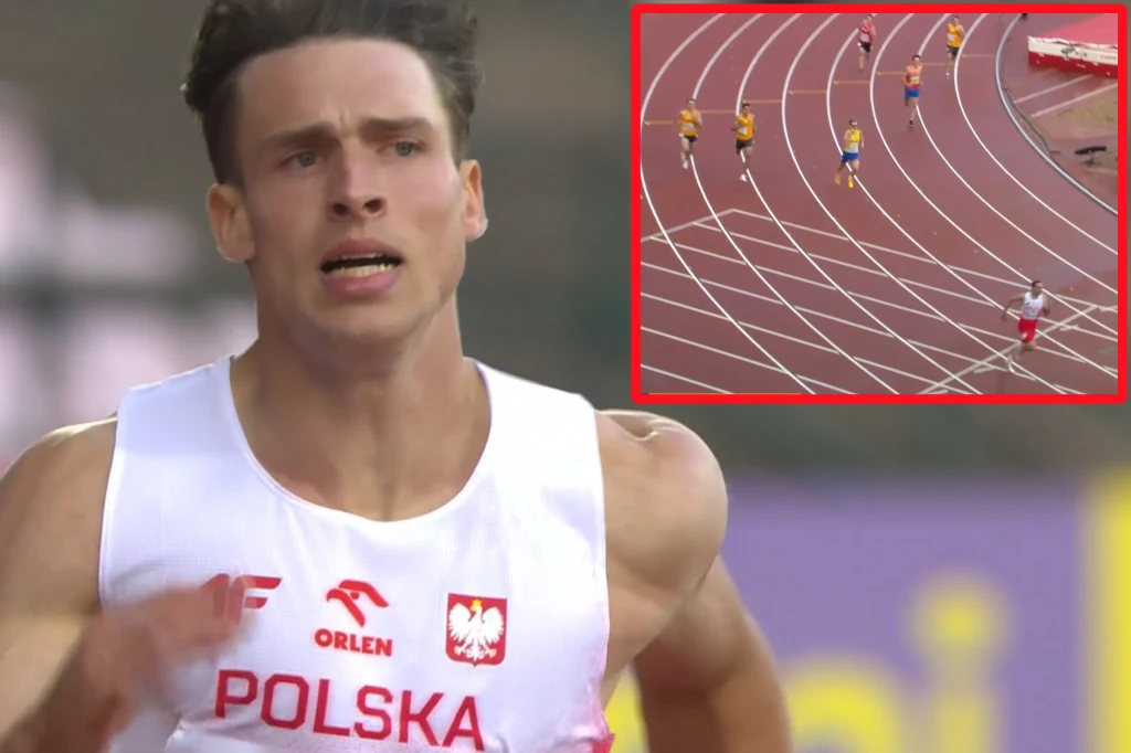 Hubert Trościanka liderem zmagań w ME U-20 w dziesięcioboju, na półmetku rywalizacji Zbliżenie biegnącego lekkoatlety w stroju reprezentacji Polski na tle stadionu, w rogu kadru widoczne powiększenie fragmentu wyścigu lekkoatletycznego na bieżni, z kilkoma zawodnikami.