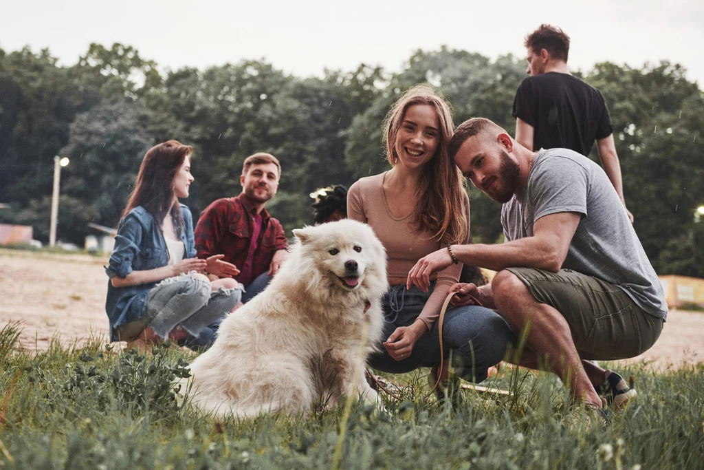Grupa młodych ludzi spędza czas na świeżym powietrzu ze spokojnym, białym psem siedzącym na trawie; pogodna atmosfera, wszyscy uśmiechnięci, w tle drzewa.