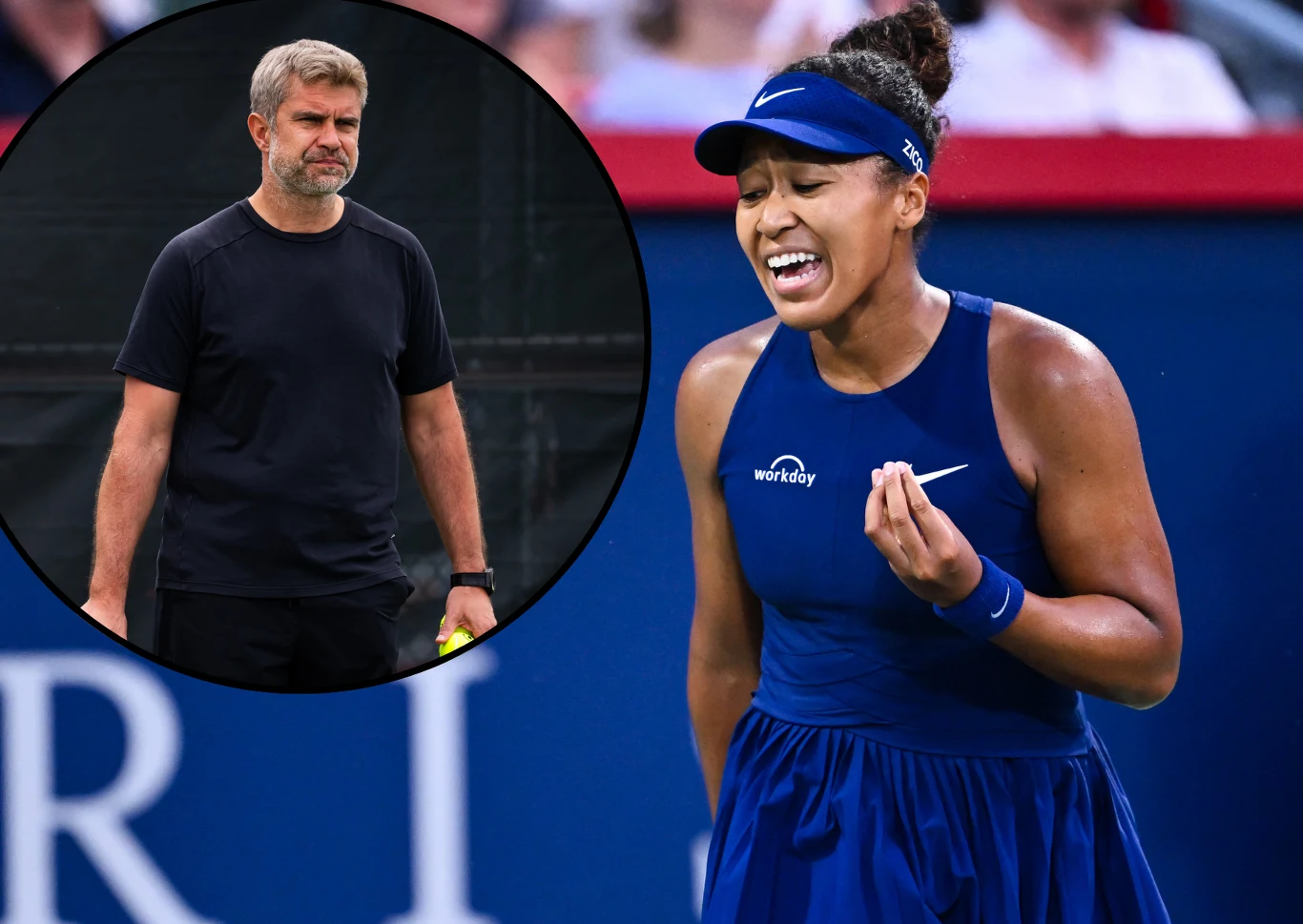 Zawodniczka tenisowa w niebieskim stroju podczas emocjonalnej reakcji na meczu, w tle widoczny sędzia bądź trener w okrągłym kadrze.