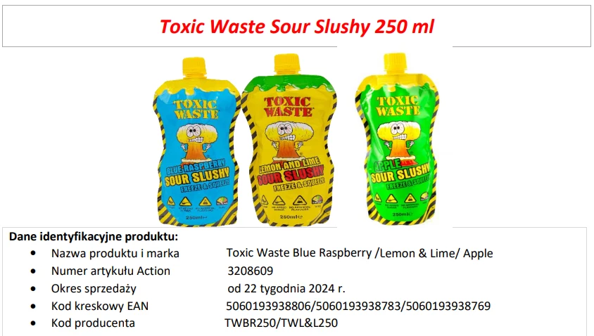 Trzy saszetki napoju Toxic Waste Sour Slushy o pojemności 250 ml w kolorach niebieskim, żółtym i zielonym wraz z danymi identyfikacyjnymi, takimi jak nazwy smaków, numery artykułów, okres sprzedaży oraz kody kreskowe.