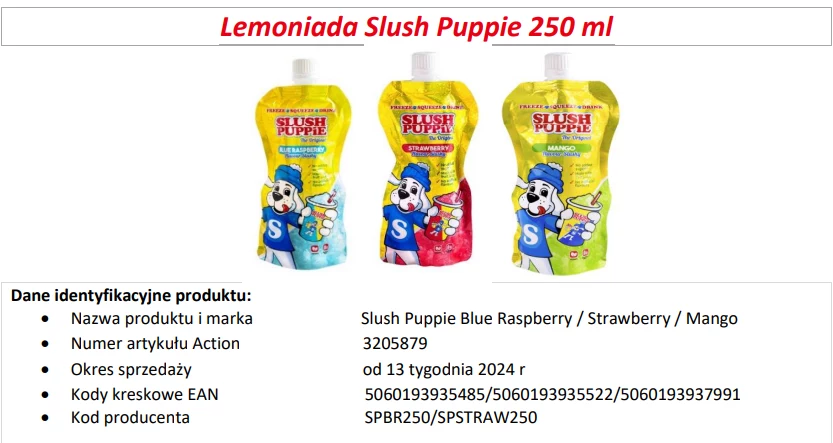 Trzy saszetki napoju Slush Puppie w smakach malina, truskawka i mango ustawione obok siebie, każda opakowana w kolorowe opakowanie z postacią psa w czapce oraz szczegóły identyfikacyjne produktu pod spodem.