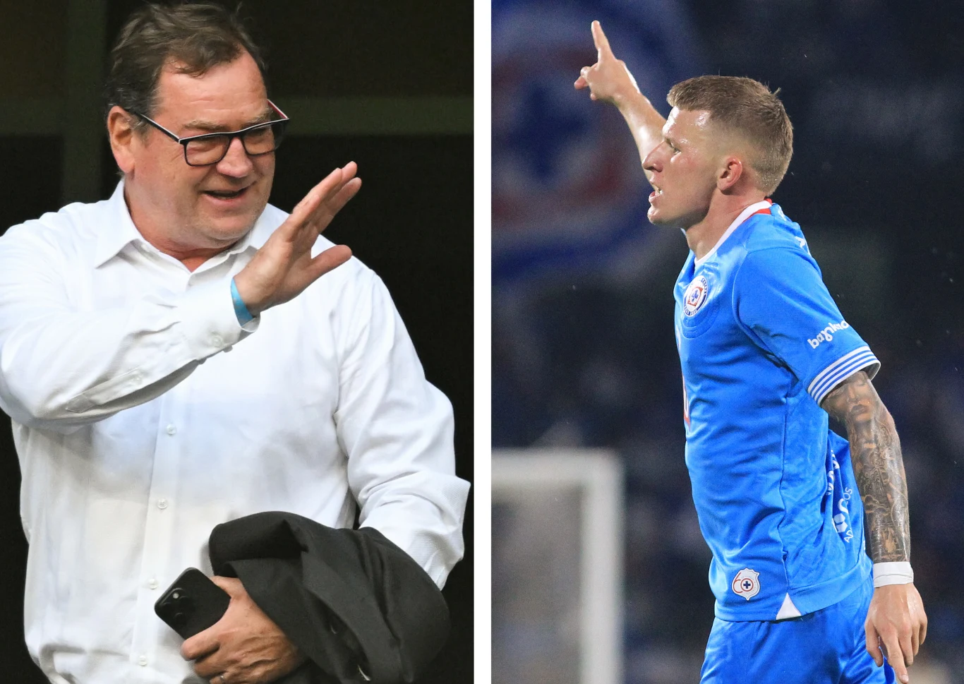 Po lewej stronie mężczyzna w okularach, ubrany formalnie, macha ręką i trzyma marynarkę, po prawej piłkarz w niebieskim stroju z podniesioną ręką wskazuje palcem w górę na tle stadionu.