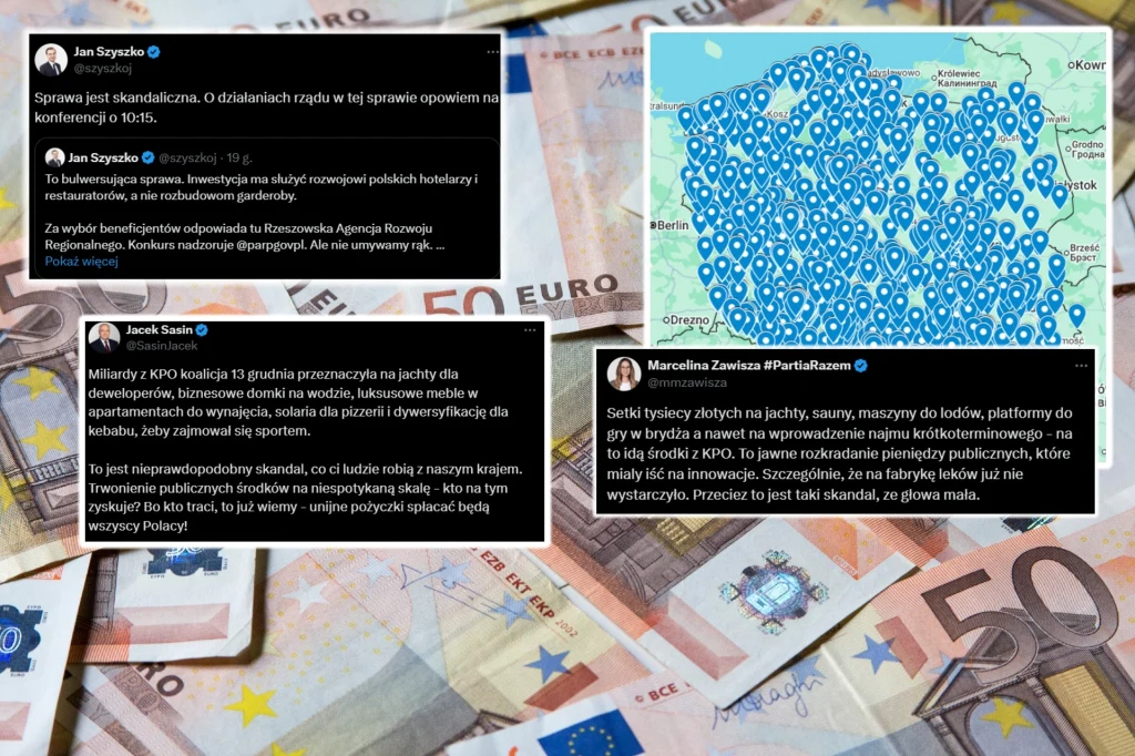 Środki z KPO miały być przeznaczane na jachty, solaria czy grę w brydża. W sieci zawrzało Banknoty euro ułożone na płaskiej powierzchni, na których umieszczono grafiki ukazujące tweety polityków oraz mapę z dużą liczbą znaczników, obrazującą dane geolokalizacyjne związane z poruszanym tematem wydatków publicznych.
