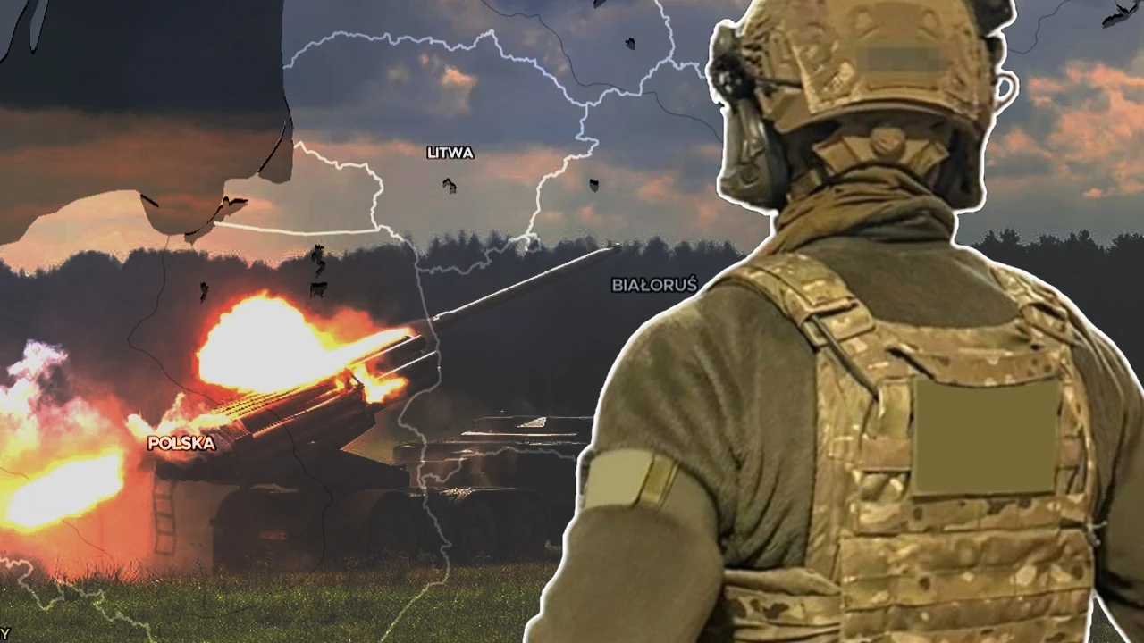 Rosyjska propaganda o działaniach polskiego i ukraińskiego wywiadu wojskowego Żołnierz w mundurze i hełmie zwrócony plecami obserwuje mapę Europy Wschodniej z zaznaczonymi krajami Polska, Litwa i Białoruś, na tle której znajduje się płonąca armata bądź pojazd wojskowy podczas wystrzału.