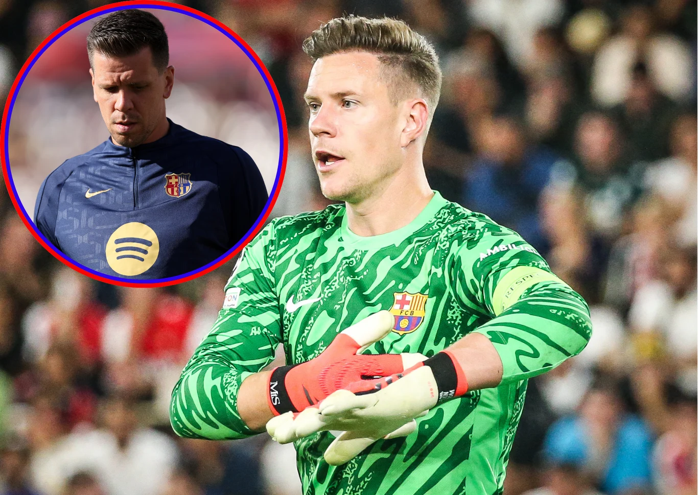 Bramkarz w zielonym stroju z herbem FC Barcelony na klatce piersiowej podczas meczu, na tle rozmytej publiczności; w lewym górnym rogu okrągłe powiększenie twarzy innego mężczyzny w granatowym dresie z logo Spotify i herbem sportowym.