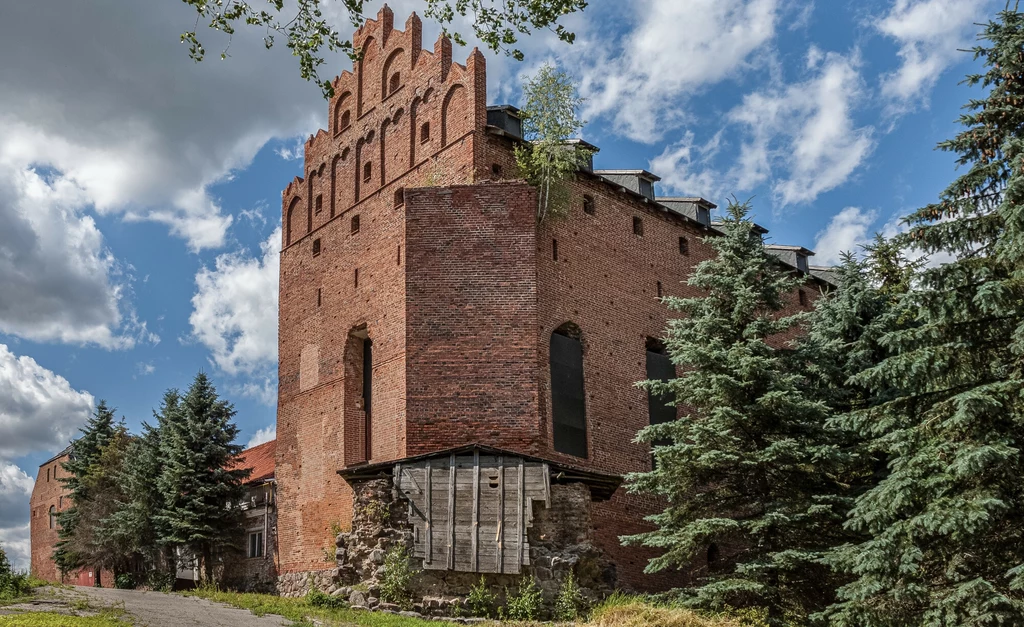 Ceglany budynek o surowej architekturze, z ozdobnym szczytem i wysokimi, wąskimi oknami, otoczony zielonymi drzewami i niebem z rozproszonymi chmurami