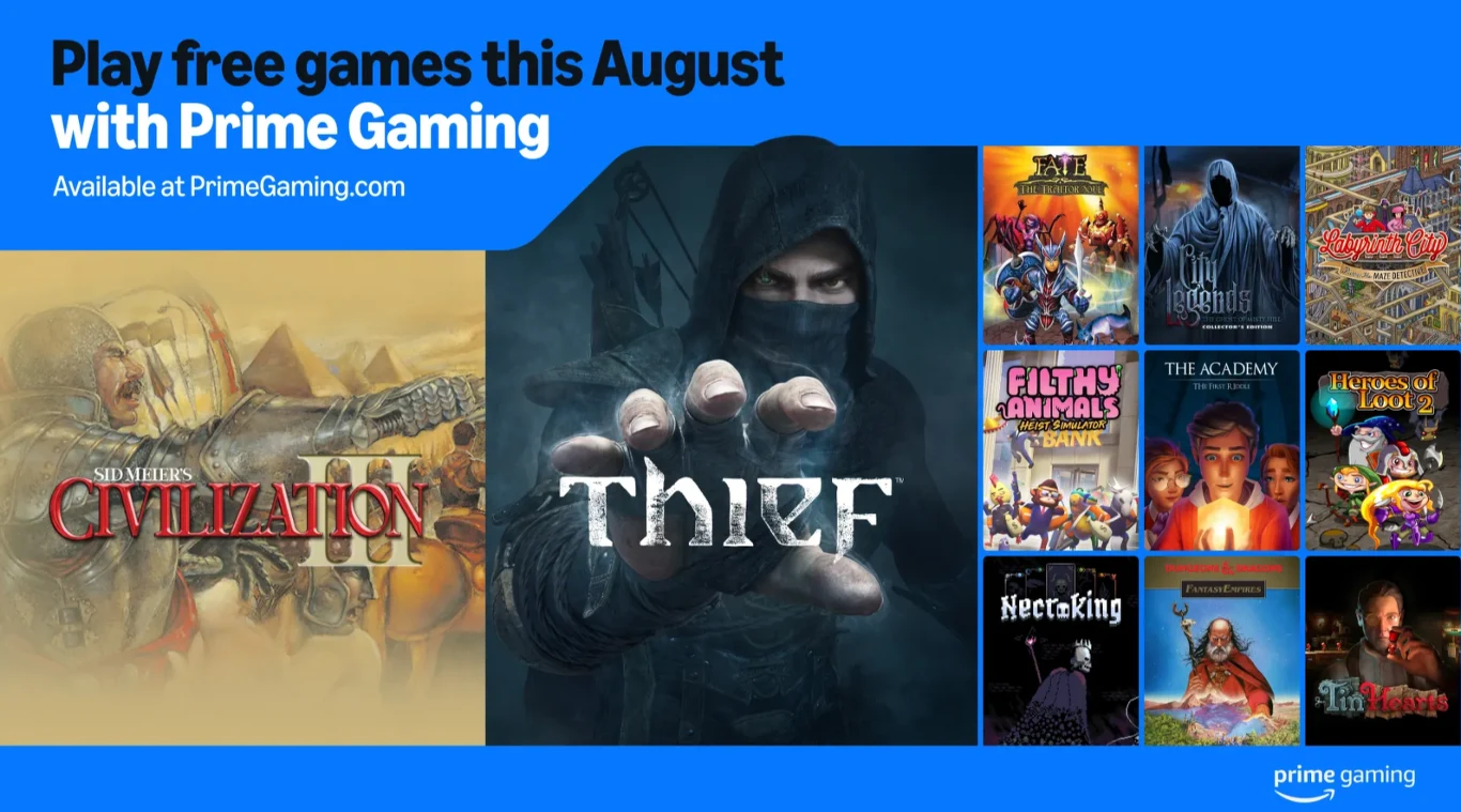 Reklama gier komputerowych dostępnych w sierpniu za darmo z usługą Prime Gaming; widoczne okładki gier takich jak Civilization, Thief oraz inne tytuły, na niebieskim tle z logo i informacją promocyjną.