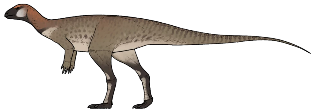 Pulaosaurus - śpiewający dinozaur z Chin Ilustracja dinozaura o długim ogonie i kończynach tylnych dłuższych niż przednie, z brązowo-szaro ubarwioną skórą i jasnymi plamkami na grzbiecie oraz głowie.