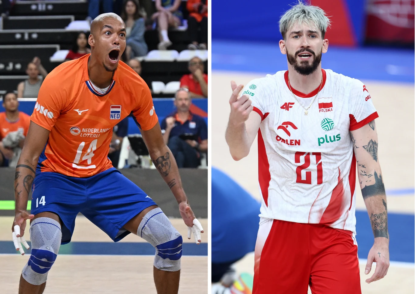 Nimir Abdel-Aziz (L) i Tomasz Fornal (P) zagrają w jednym klubie Dwóch siatkarzy podczas meczu – po lewej w pomarańczowym stroju z widocznym numerem 14 i napisem NED, dynamiczna poza i emocje na twarzy, po prawej zawodnik w biało-czerwonym stroju z numerem 21 i wyciągniętą ręką, sportowa atmosfera, obecność kibiców ...