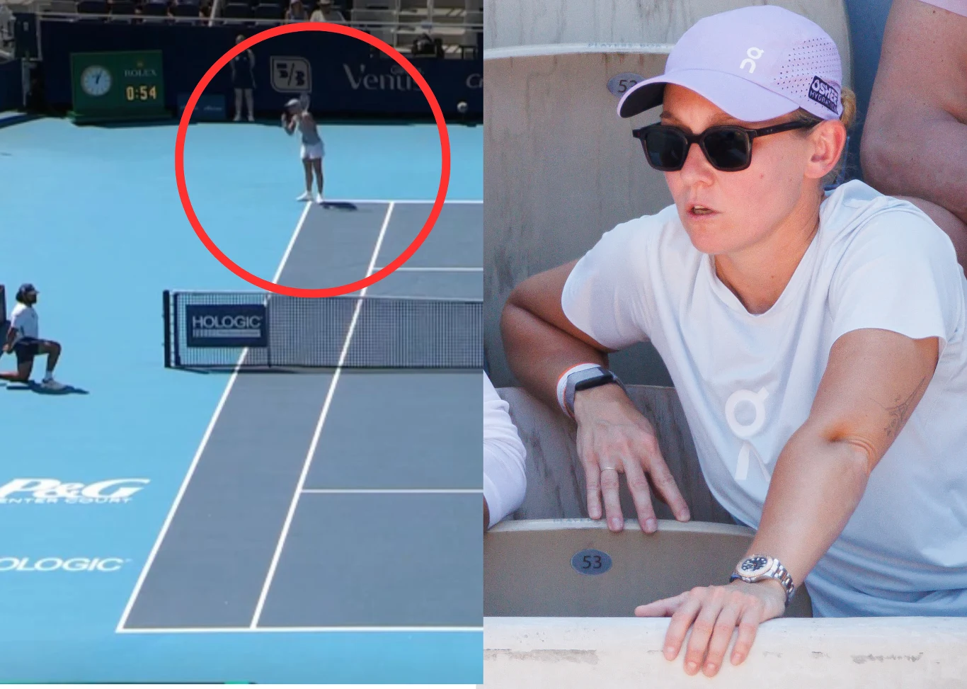 Iga Świątek w akcji podczas turnieju WTA 1000 w Cincinnati oraz Daria Abraowicz Dwa połączone kadry, po lewej stronie singlistka wykonuje serwis na profesjonalnym korcie tenisowym, po prawej kobieta w białej koszulce i czapce z daszkiem siedzi na trybunach, obserwując mecz w okularach przeciwsłonecznych.