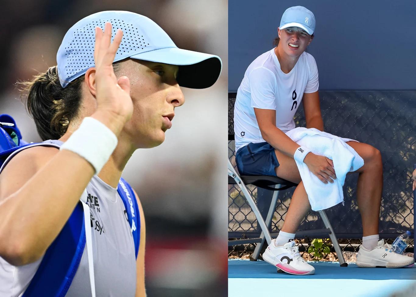 Iga Świątek walczy obecnie na turnieju WTA 1000 w Cincinnati Sportowa kobieta w jasnoniebieskiej czapce z daszkiem, na pierwszym ujęciu podnosząca dłoń, na drugim siedząca uśmiechnięta na ławce, ubrana w jasną sportową odzież, obok leży biały ręcznik.