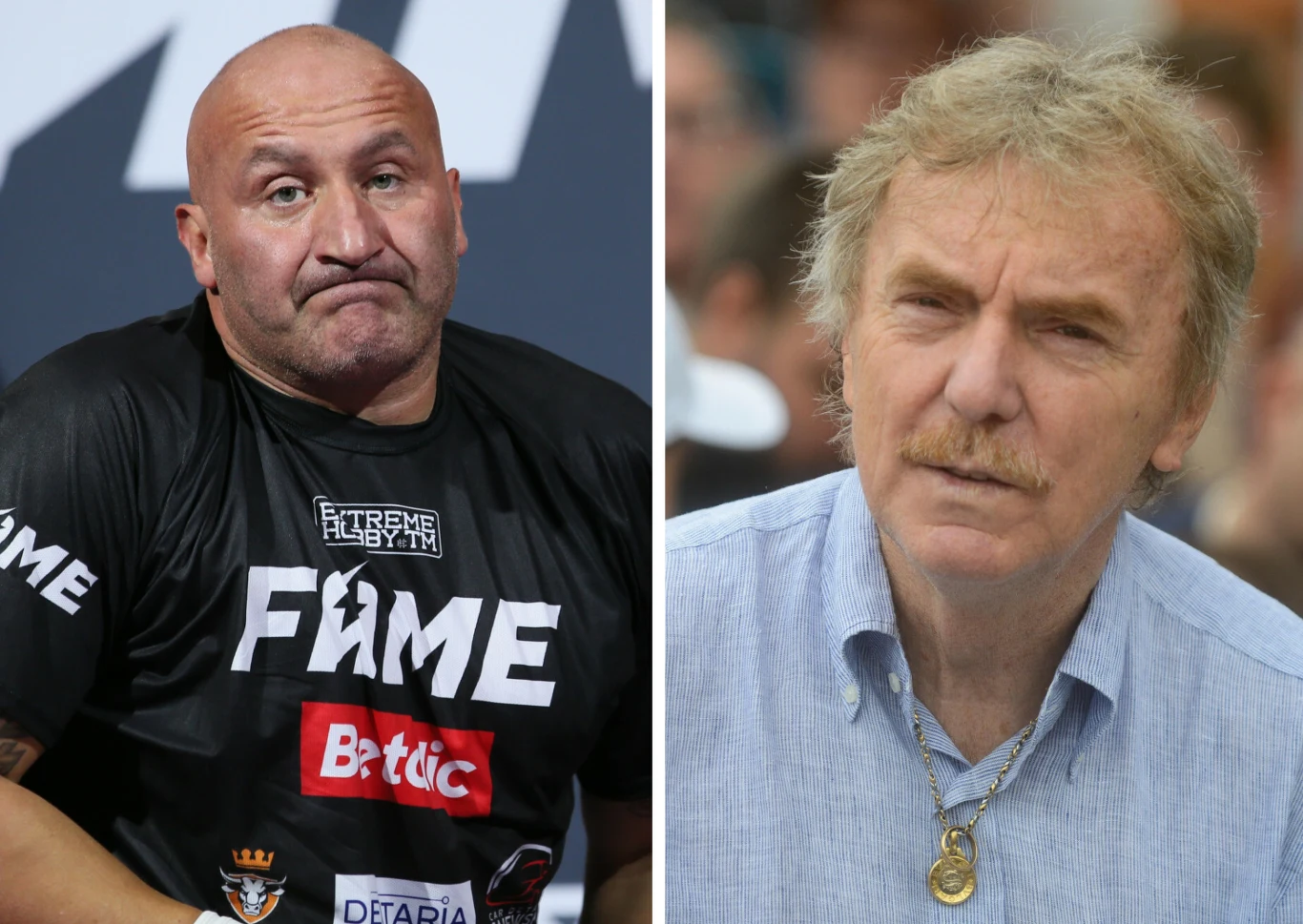 Po lewej stronie ujęcie mężczyzny o umięśnionej sylwetce w sportowej koszulce z logiem FAME, po prawej stronie portret starszego mężczyzny z wąsem, ubranego w błękitną koszulę i złoty łańcuszek na szyi.