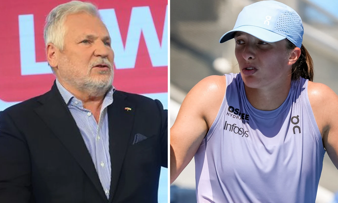 Aleksander Kwaśniewski, Iga Świątek Po lewej stronie starszy mężczyzna w eleganckim garniturze rozmawia na tle czerwono-białego napisu, po prawej młoda kobieta w sportowej koszulce i z czapką z daszkiem koncentruje się przed meczem tenisowym.