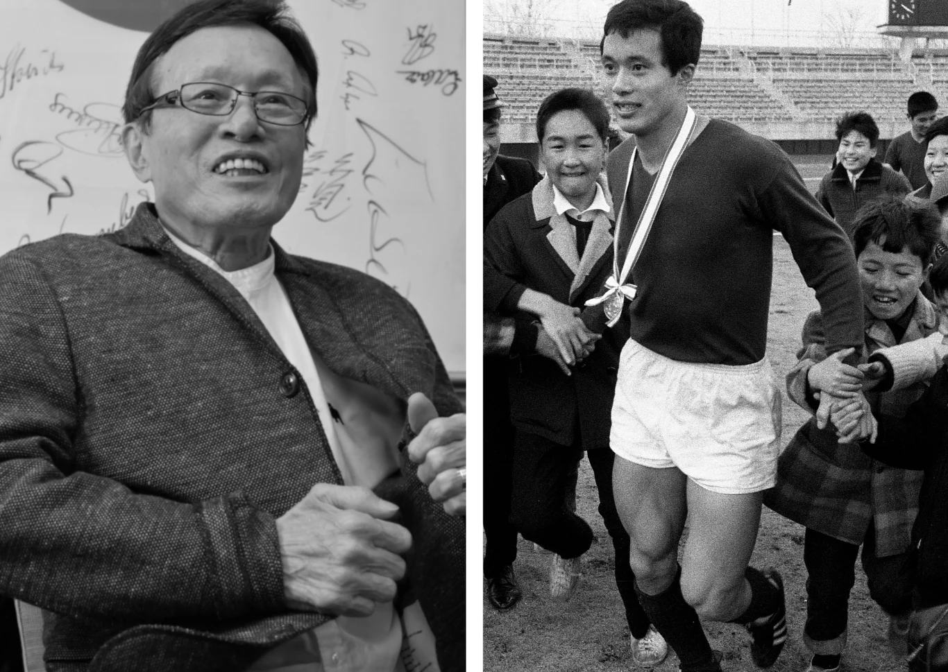 Po lewej stronie starszy mężczyzna w okularach siedzi w pomieszczeniu, za nim autografy na ścianie. Po prawej sportowiec z medalem na szyi otoczony przez uśmiechniętych ludzi na stadionie, wszyscy wyrażają radość.
