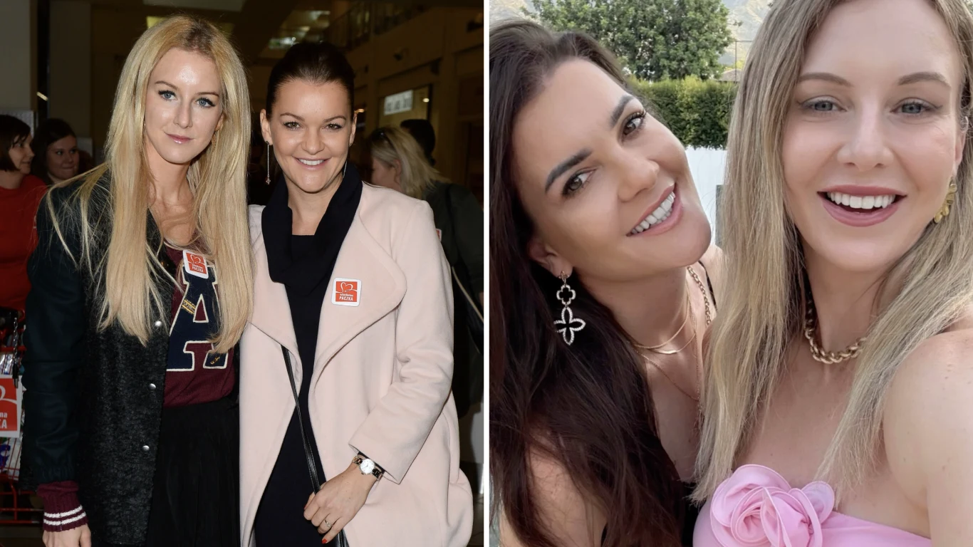 Dwie kobiety stojące razem w eleganckiej stylizacji w zamkniętym pomieszczeniu, obok zdjęcie dwóch młodych kobiet robiących wspólne selfie na zewnątrz, obie uśmiechnięte, jedna w różowej sukience, druga w dużych kolczykach krzyżykach.