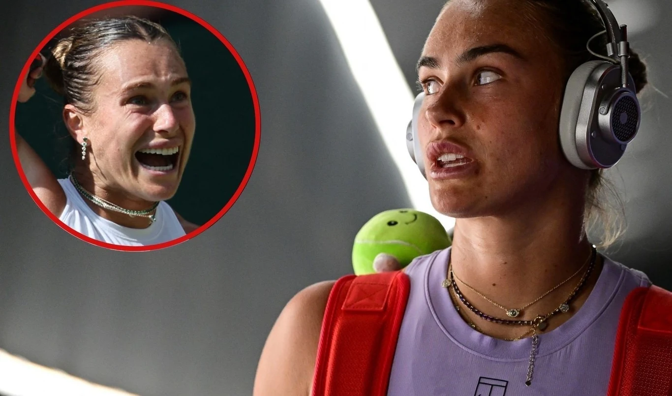 Aryna Sabalenka Młoda kobieta w sportowym stroju z plecakiem na ramieniu i słuchawkami na uszach, z piłeczką tenisową wsuniętą pod ramiączko plecaka. W lewym górnym rogu widoczne jest okrągłe wstawienie z inną kobietą wyrażającą emocje, prawdopodobnie radość lub ekscy...