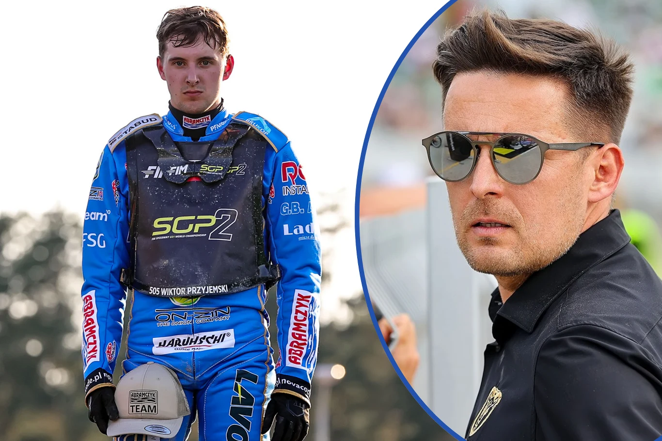 Odejście Wiktora Przyjemskiego to cios dla Motoru Lublin. Młody zawodnik żużlowy w niebieskim kombinezonie sportowym z kaskiem przy nodze oraz mężczyzna w okularach przeciwsłonecznych, oddzieleni ozdobnym wycięciem kadru.