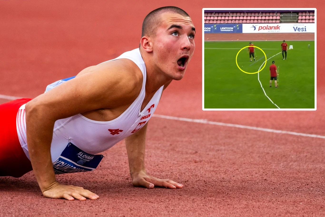 Roch Krukowski w ostatniej serii pobił rekord życiowy - 76.01. Do złota zabrakło 29 cm Lekkoatleta w biało-czerwonym stroju w emocjonującym momencie na bieżni, wyrażający zaskoczenie lub zdziwienie, w rogu widoczne powiększenie fragmentu wydarzenia na stadionie z zaznaczonym okręgiem oraz dwoma osobami na murawie.