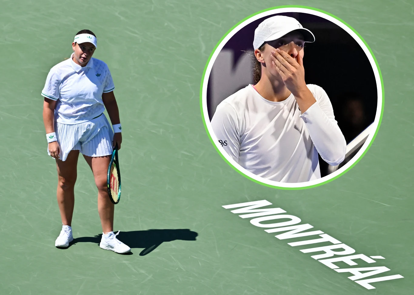 Na zdjęciu Jelena Ostapenko oraz Iga Świątek Tenisistka ubrana w sportowy strój stoi na korcie trzymając rakietę, obok znajduje się kółko przedstawiające zawodniczkę w białym ubraniu zasłaniającą usta dłonią, na korcie widoczne duże białe litery MONTREAL.
