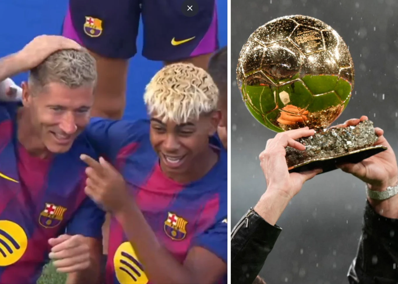 Dwóch piłkarzy w koszulkach FC Barcelony uśmiecha się i gestykuluje podczas oficjalnego wydarzenia, po prawej stronie widoczne ręce unoszące Złotą Piłkę na tle ciemnego, lekko rozmazanego tła.