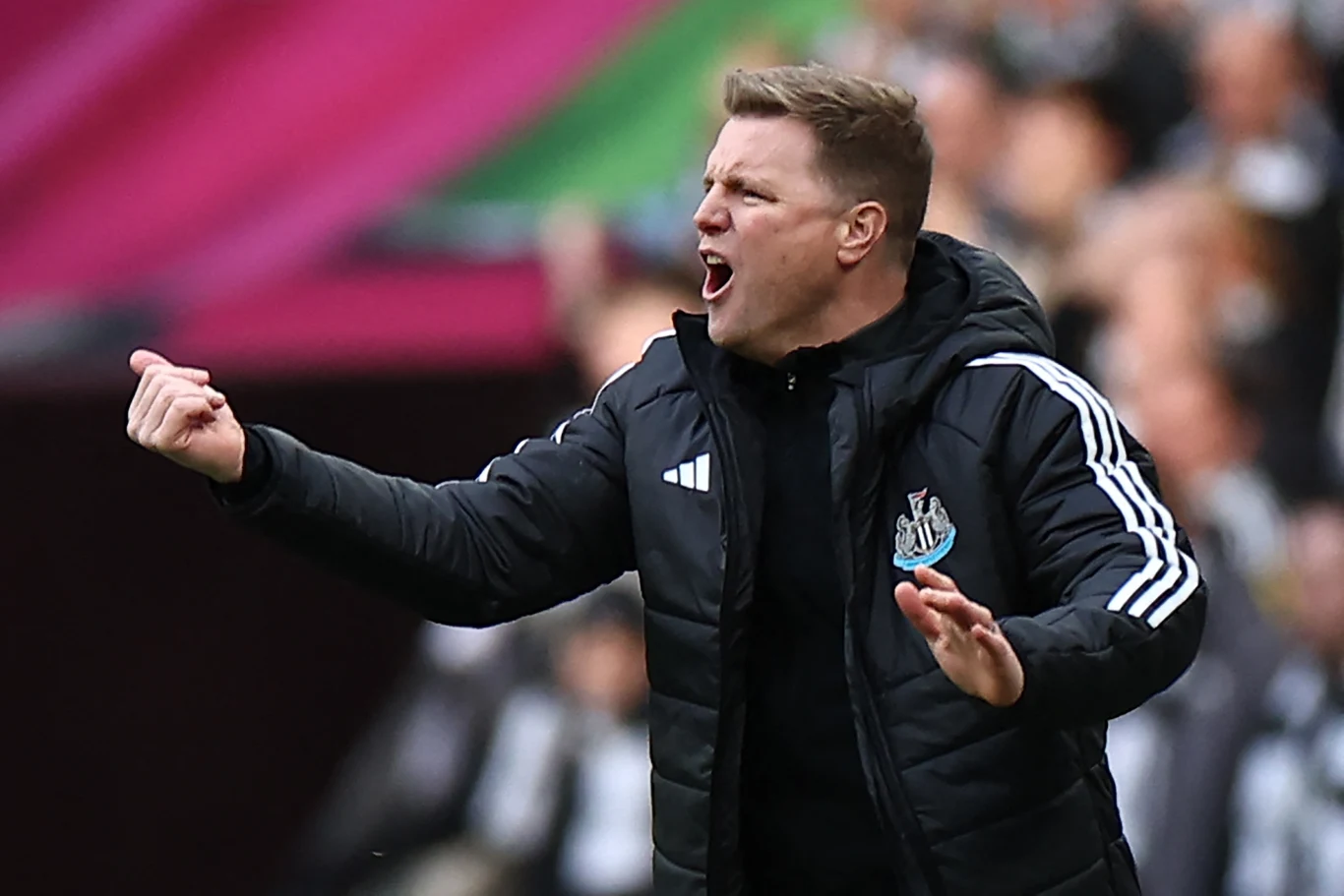 Mężczyzna w czarnej kurtce sportowej z herbem Newcastle United wykonuje gesty rękami, energicznie wyrażając emocje na tle rozmytej trybuny stadionu.