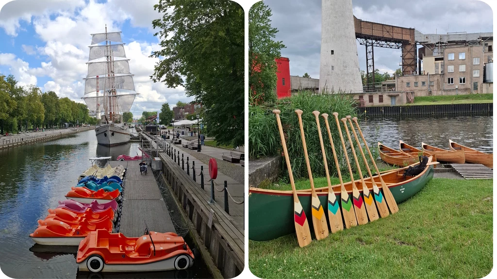 Rząd różnokolorowych rowerów wodnych przycumowanych przy nabrzeżu tuż obok dużego żaglowca oraz kanadyjki ustawione na trawie z drewnianymi wiosłami o różnych wzorach, w tle zabudowania przemysłowe i wysoka wieża.