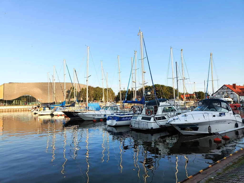 Port jachtowy w Łebie Jachty i łodzie zacumowane w marinie nad spokojną wodą, w tle niskie budynki i nowoczesna hala, w prawej części kadru fragment nabrzeża pokryty brukiem, niebo bezchmurne i jasne.