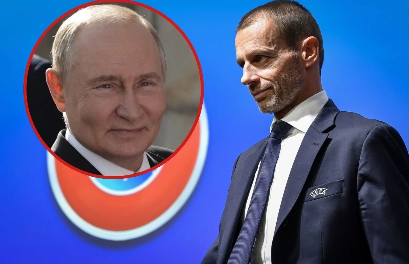 Mężczyzna w garniturze na pierwszym planie na tle niebieskiego ekranu z logo UEFA, w lewym górnym rogu wstawione okrągłe zdjęcie innego mężczyzny uśmiechniętego, oba portrety są wyraźnie widoczne.