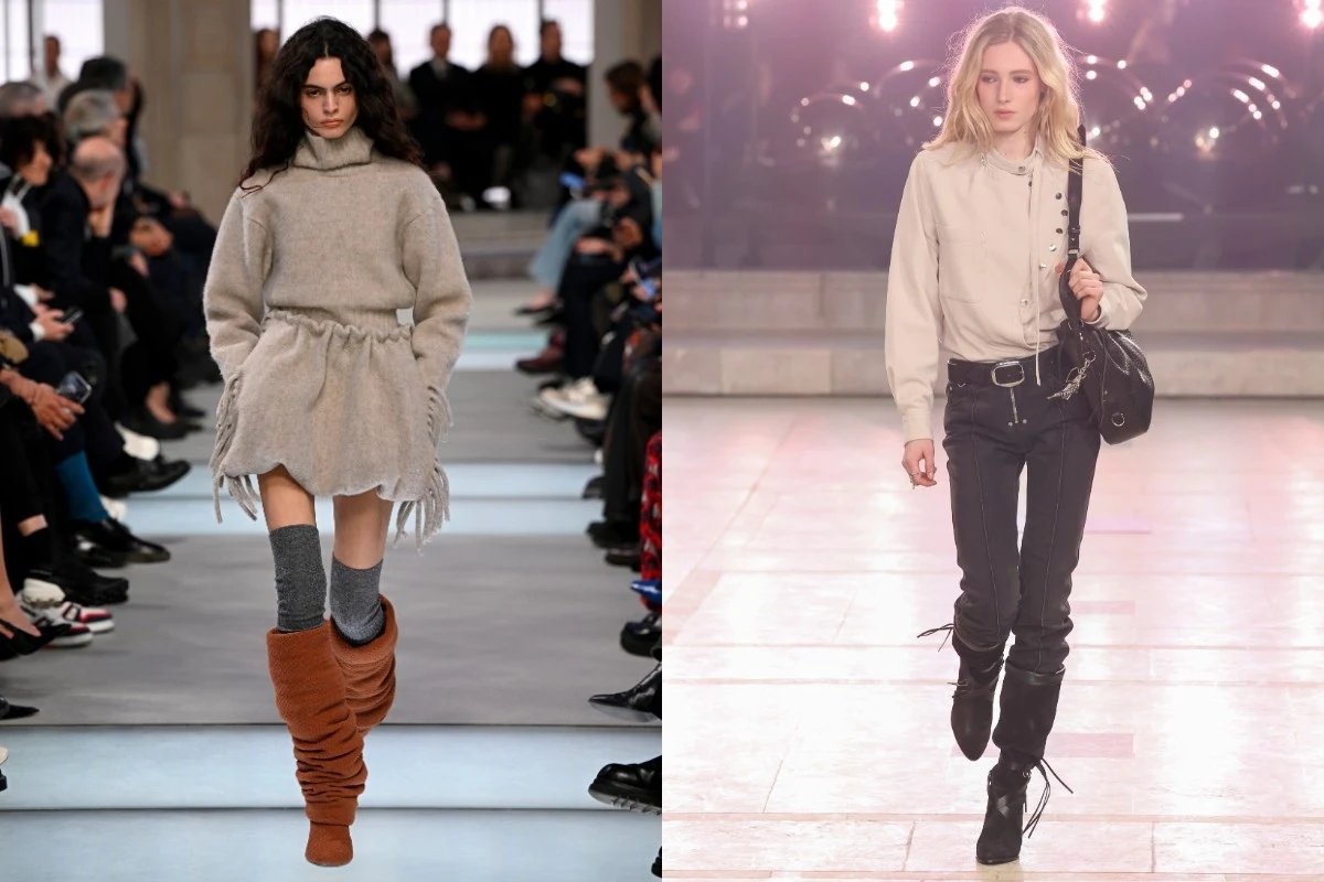 Dwie modelki prezentujące różne stylizacje podczas pokazu mody, jedna ubrana w krótką jasnoszarą sukienkę z frędzlami i wysokimi brązowymi butami, druga w beżowej bluzie, czarnych dopasowanych spodniach i czarnych butach, każda z nich idzie po wybiegu.