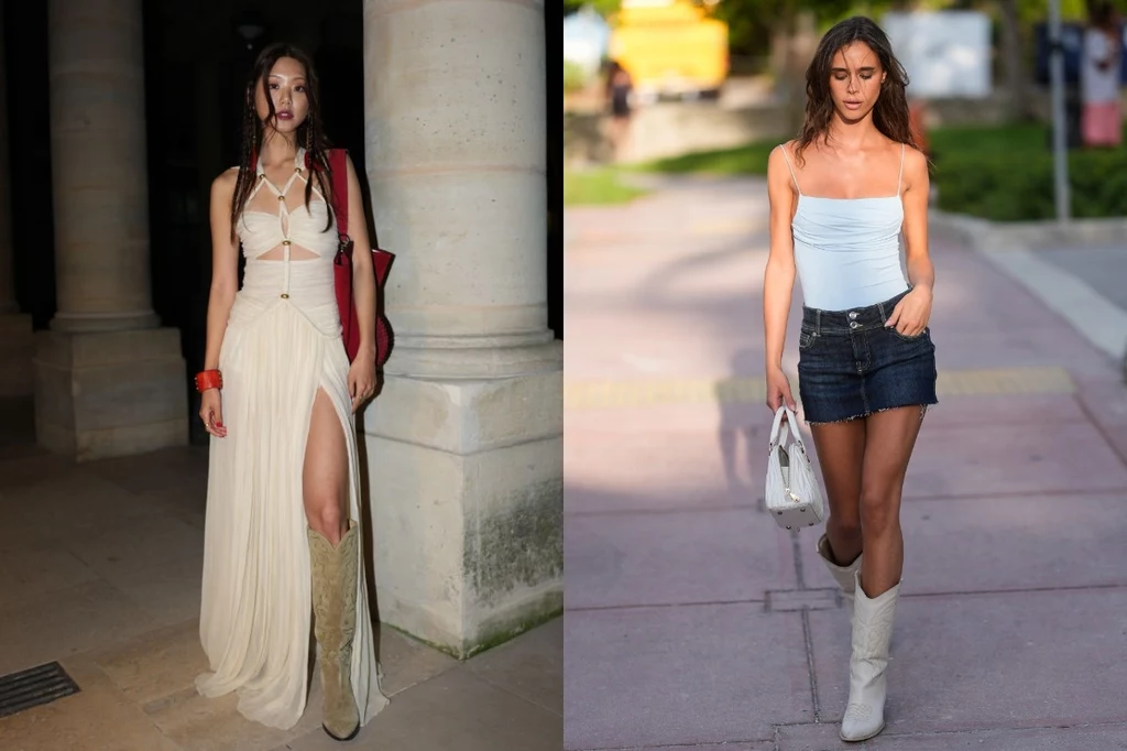 Najmodniejsze buty na jesień 2025. Fot. 305pics/GC Images, Edward Berthelot Dwie kobiety w modnych stylizacjach pozują na zewnątrz, jedna w długiej kremowej sukni z rozcięciem i kowbojskich butach, druga w białym topie, mini spódniczce jeansowej oraz białych kowbojkach, obie z torebkami.