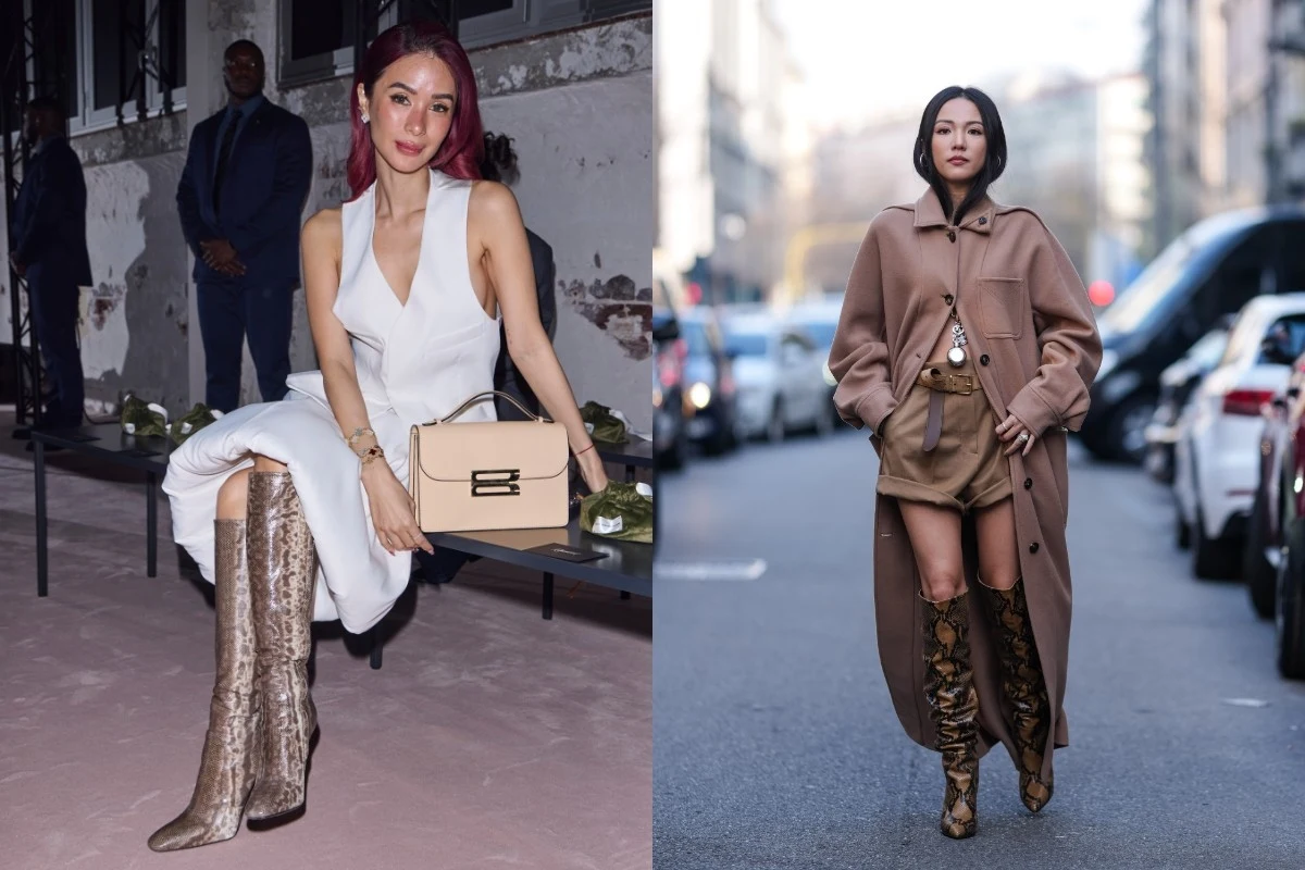 Dwie kobiety w stylowych outfitach z długimi kozakami z wężowym wzorem, po lewej kobieta w białej sukni z jasną torebką siedzi na ławce, po prawej kobieta w beżowym płaszczu i krótkich spodenkach stoi na ulicy.