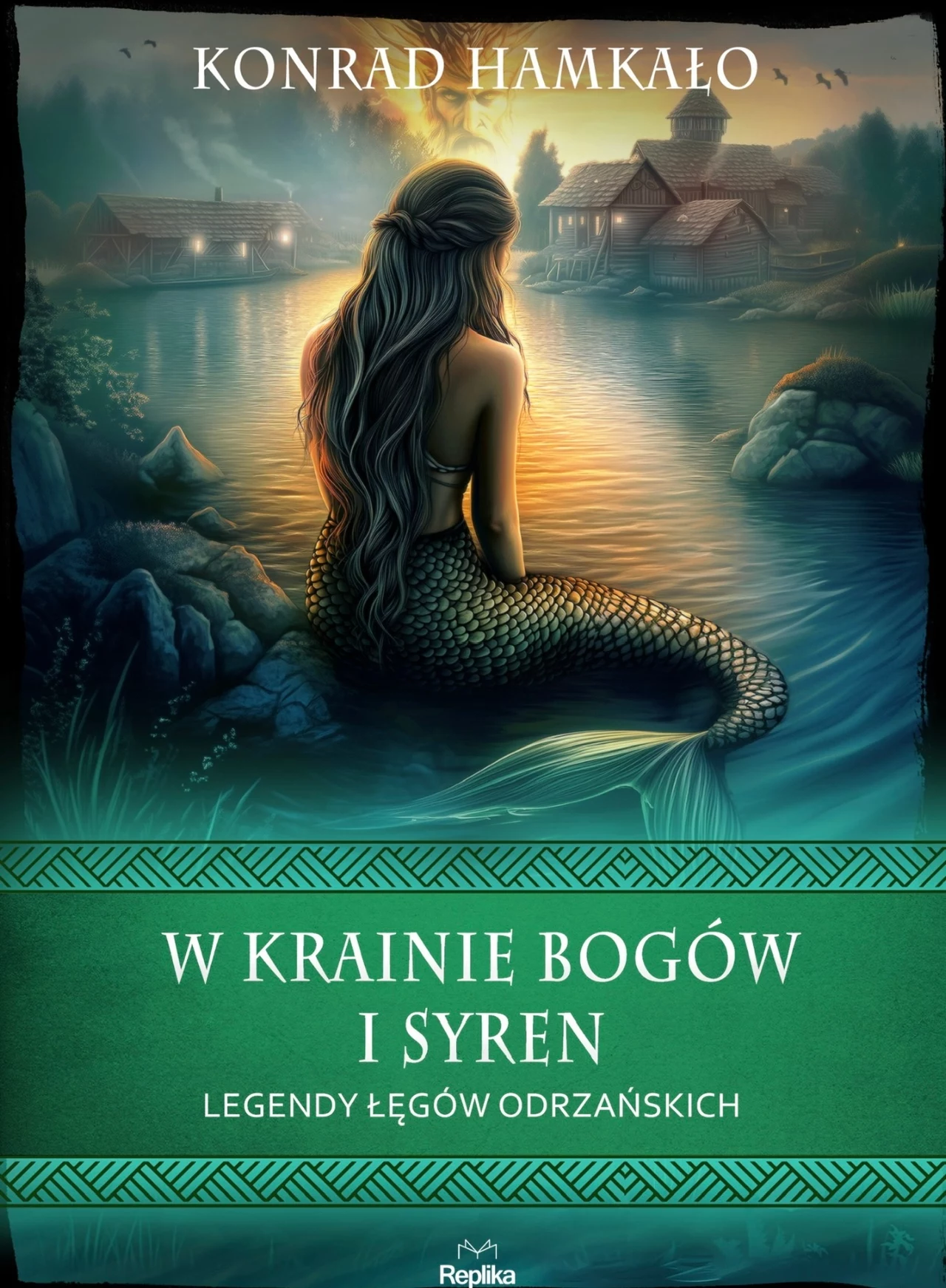 Książka Konrada Hamkało jest nie tylko zbiorem i wyjaśnieniem legend regionalnych, ale także historycznym powrotem do korzeni Syrena siedząca na kamieniach nad rzeką, patrząca na odległą wieś oświetloną zachodzącym słońcem, w tle tradycyjne drewniane zabudowania otoczone przyrodą.