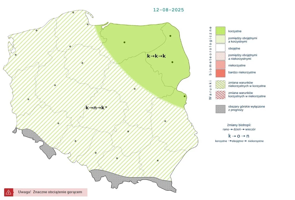 Wyż Julia sprawi, że we wtorek w większości kraju warunki będą korzystne Mapa biometeo Polski pokazująca korzystne i niekorzystne warunki dla zdrowia na tle regionów, z wyraźnym zaznaczeniem ostrzeżenia przed upałem. Graficzne oznaczenia prezentują różne strefy biometeorologiczne oraz przewidywaną zmianę warunków biologiczn...