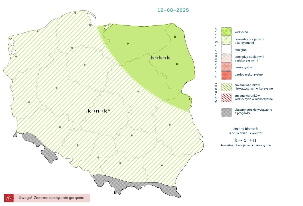 Wyż Julia sprawi, że we wtorek w większości kraju warunki będą korzystne Mapa biometeo Polski pokazująca korzystne i niekorzystne warunki dla zdrowia na tle regionów, z wyraźnym zaznaczeniem ostrzeżenia przed upałem. Graficzne oznaczenia prezentują różne strefy biometeorologiczne oraz przewidywaną zmianę warunków biologiczn...