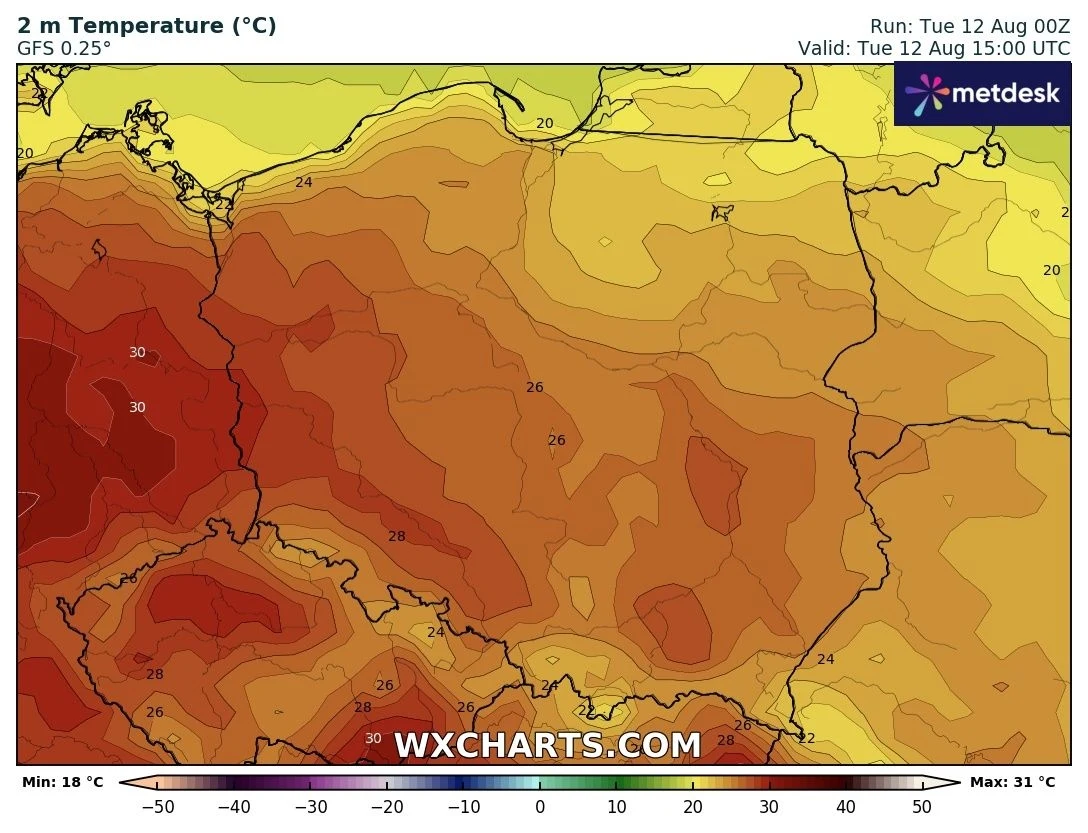 Wtorek najcieplejszy będzie na zachodzie i południowym zachodzie, gdzie niewiele zabraknie do upału Mapa Polski pokazująca rozkład temperatur powietrza na wysokości 2 metrów, z największym upałem na zachodzie i południu kraju, gdzie temperatury przekraczają 30°C, chłodniej na północy i północnym wschodzie.