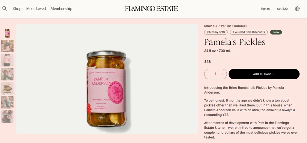 Słoik z marynowanymi ogórkami marki Pamela's Pickles ze srebrną zakrętką i różową etykietą, ustawiony na jasnoróżowym tle na stronie sklepu internetowego.