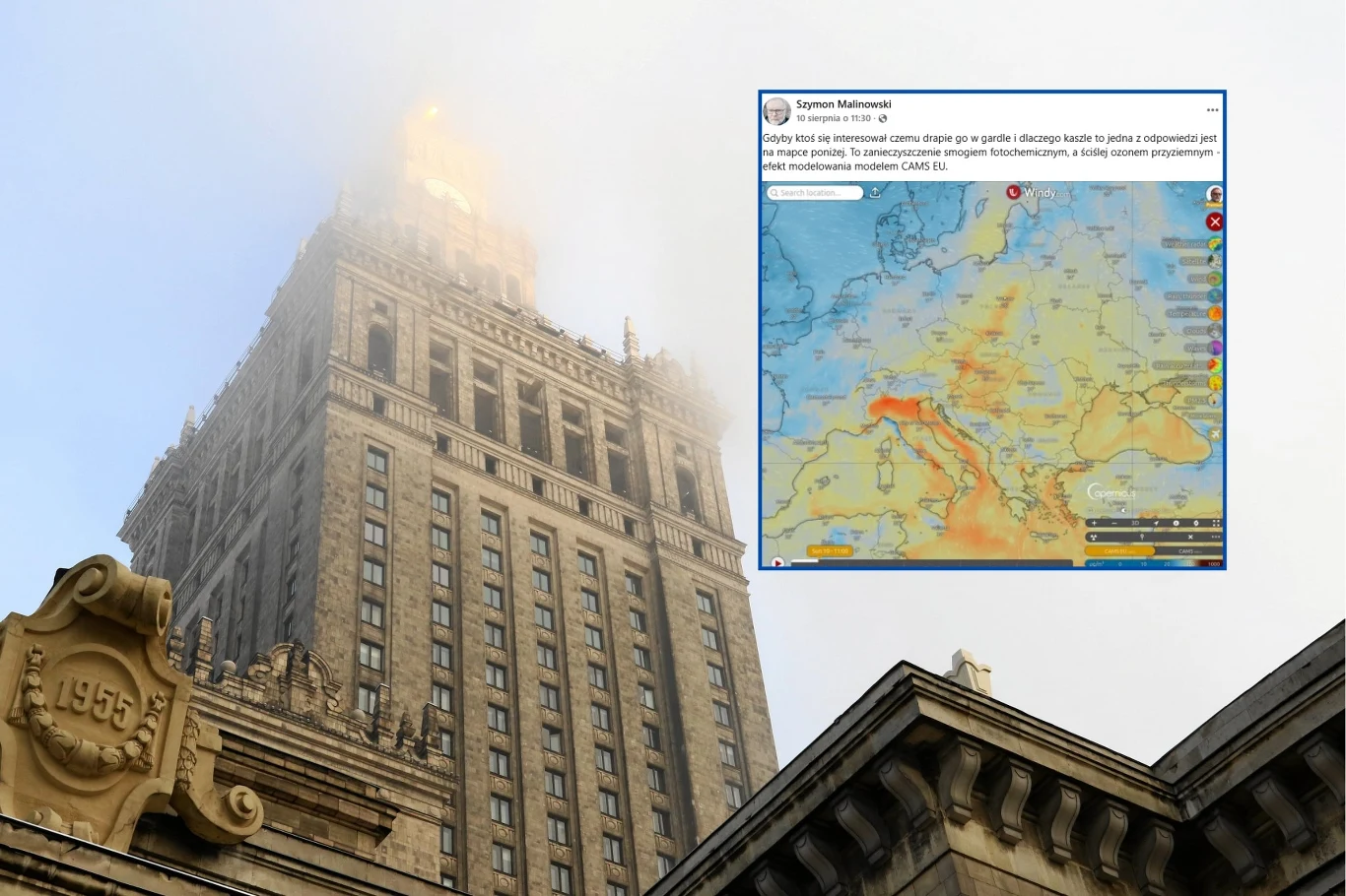 Smog fotochemiczny może powodować kaszel i drapanie w gardle - zwraca uwagę prof. Szymon Malinowski z UW. Zdjęcie w tle ilustracyjne Wieżowiec Pałacu Kultury i Nauki wyłania się z mgły w tle, a na pierwszym planie widoczny jest fragment elewacji z datą 1955. W prawym górnym rogu umieszczono nakładkę z prognozą zanieczyszczenia powietrza na mapie Europy.
