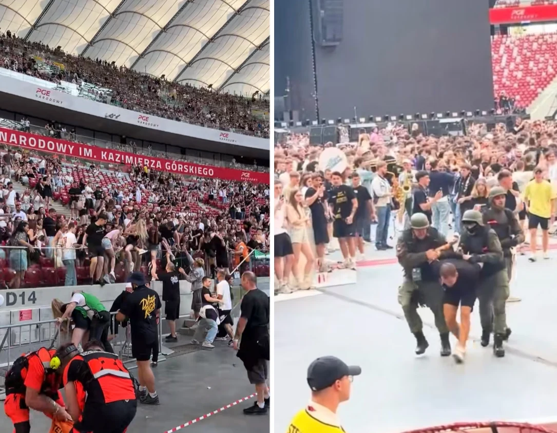 Koncert białoruskiego rapera na Stadionie Narodowym nie przebiegł spokojnie Tłum ludzi na stadionie podczas dużego wydarzenia, po lewej stronie akcja służb ratowniczych pomagających osobie potrzebującej pomocy, po prawej stronie funkcjonariusze odprowadzający mężczyznę przez płytę boiska w kierunku wyjścia, w tle widoczna duża...