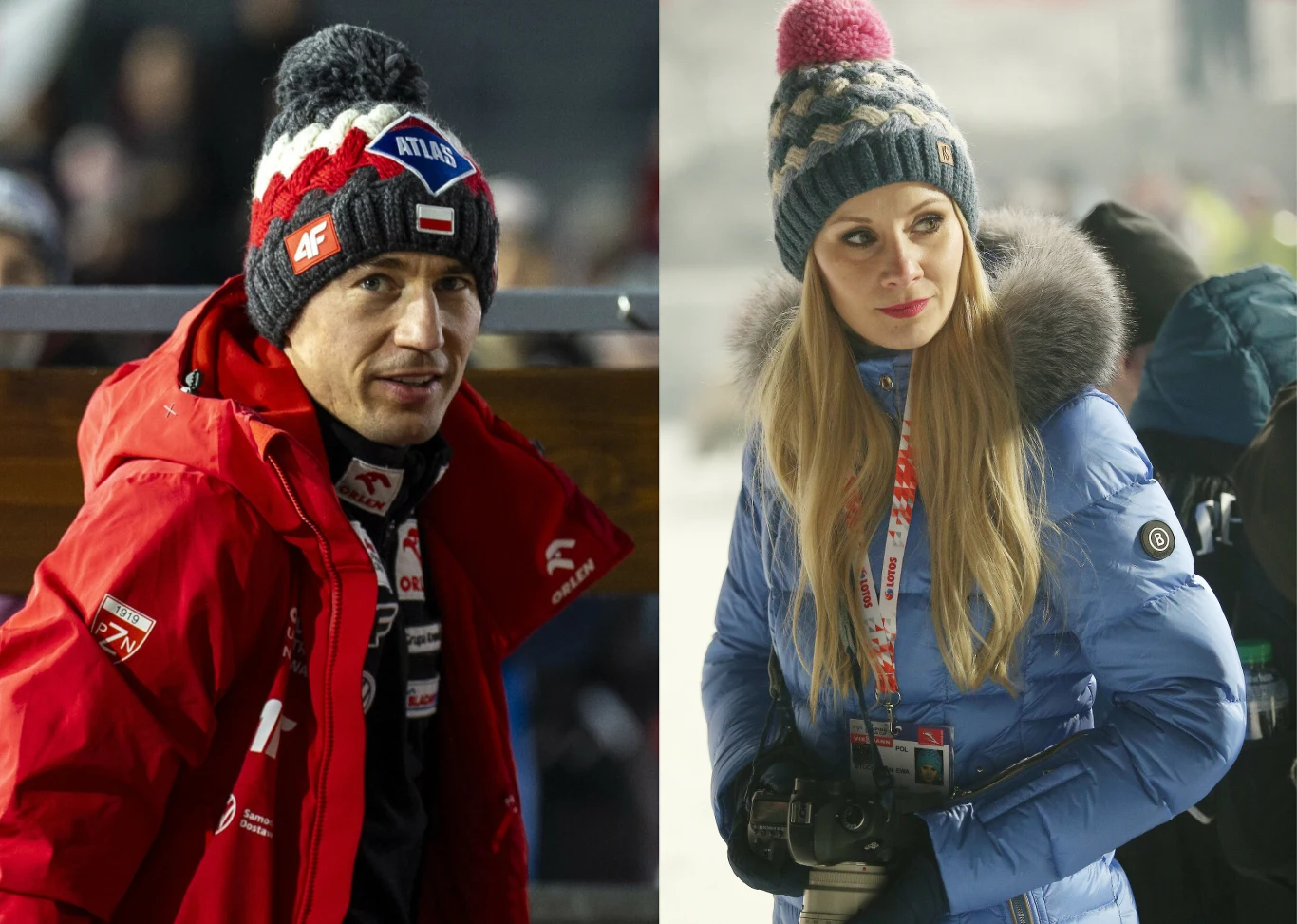 Dwie osoby w zimowych kurtkach i czapkach z pomponami, mężczyzna ubrany na czerwono z naszywką Atlas oraz Polska, kobieta w niebieskiej kurtce z aparatem fotograficznym i smyczą na szyi, tło rozmyte sugerujące plener zimowy.