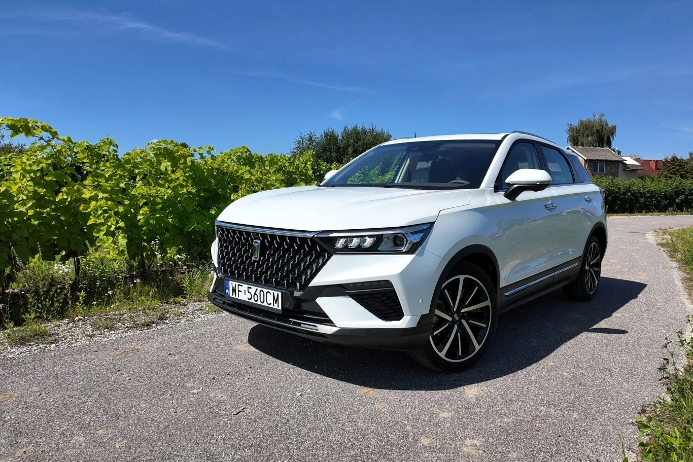 Biały SUV nowoczesnego designu stoi zaparkowany na asfaltowej drodze, otoczonej zieloną roślinnością i niskimi krzewami, w tle widoczne są domy i drzewa pod jasnym, bezchmurnym niebem.
