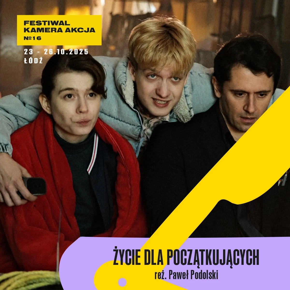 Grafika promująca pokaz filmu "Życie dla początkujących" na 16. Festiwalu Kamera Akcja