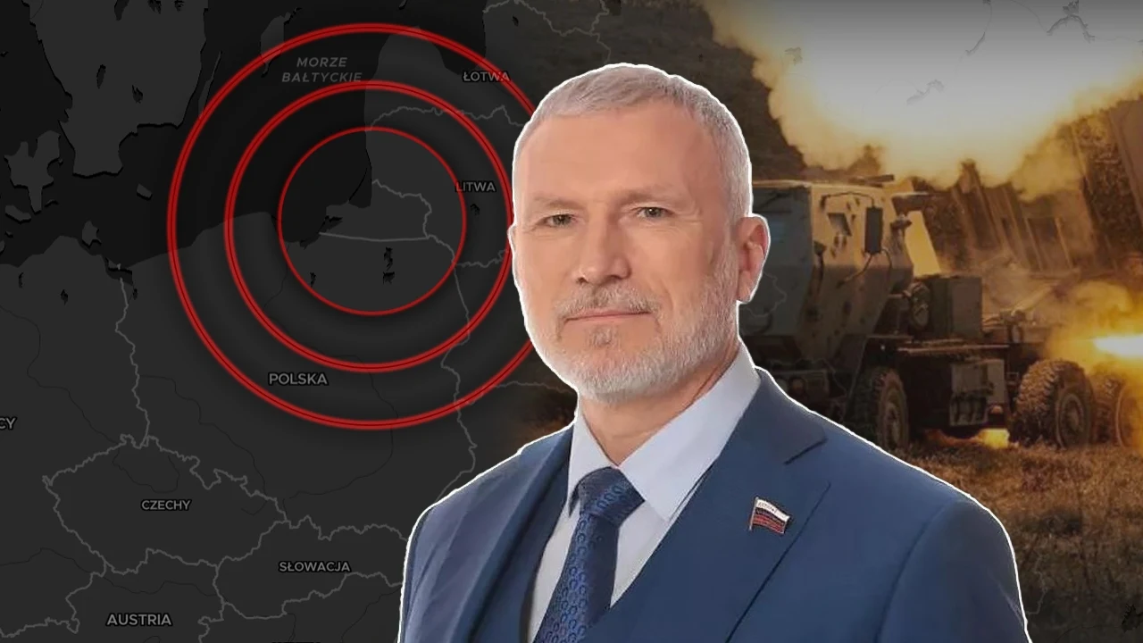 Aleksiej Żurawlew o ataku z obwodu królewieckiego Mężczyzna w garniturze na tle mapy Europy Środkowo-Wschodniej z zaznaczonymi koncentrycznymi okręgami wokół regionu bałtyckiego oraz z militarnymi wyrzutniami rakiet w tle.